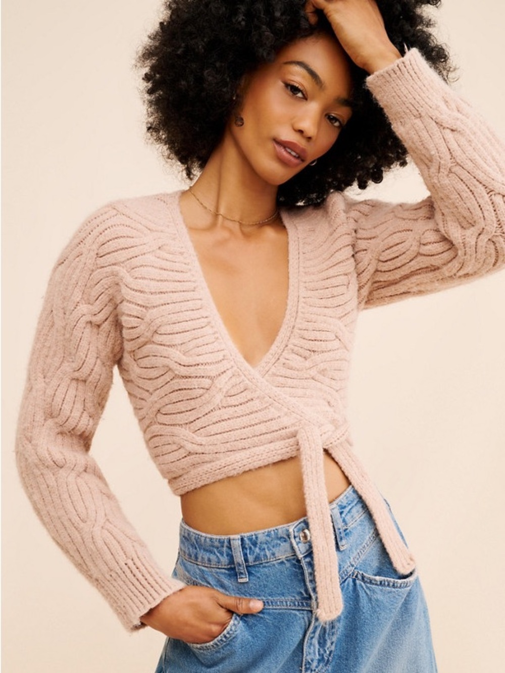 bishop + young Camel Cable Knit Tie-Front Cardigan